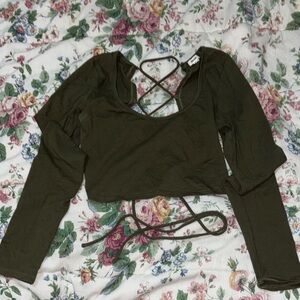 Garage Green Puff Sleeve Crop Blouse with Tie Front